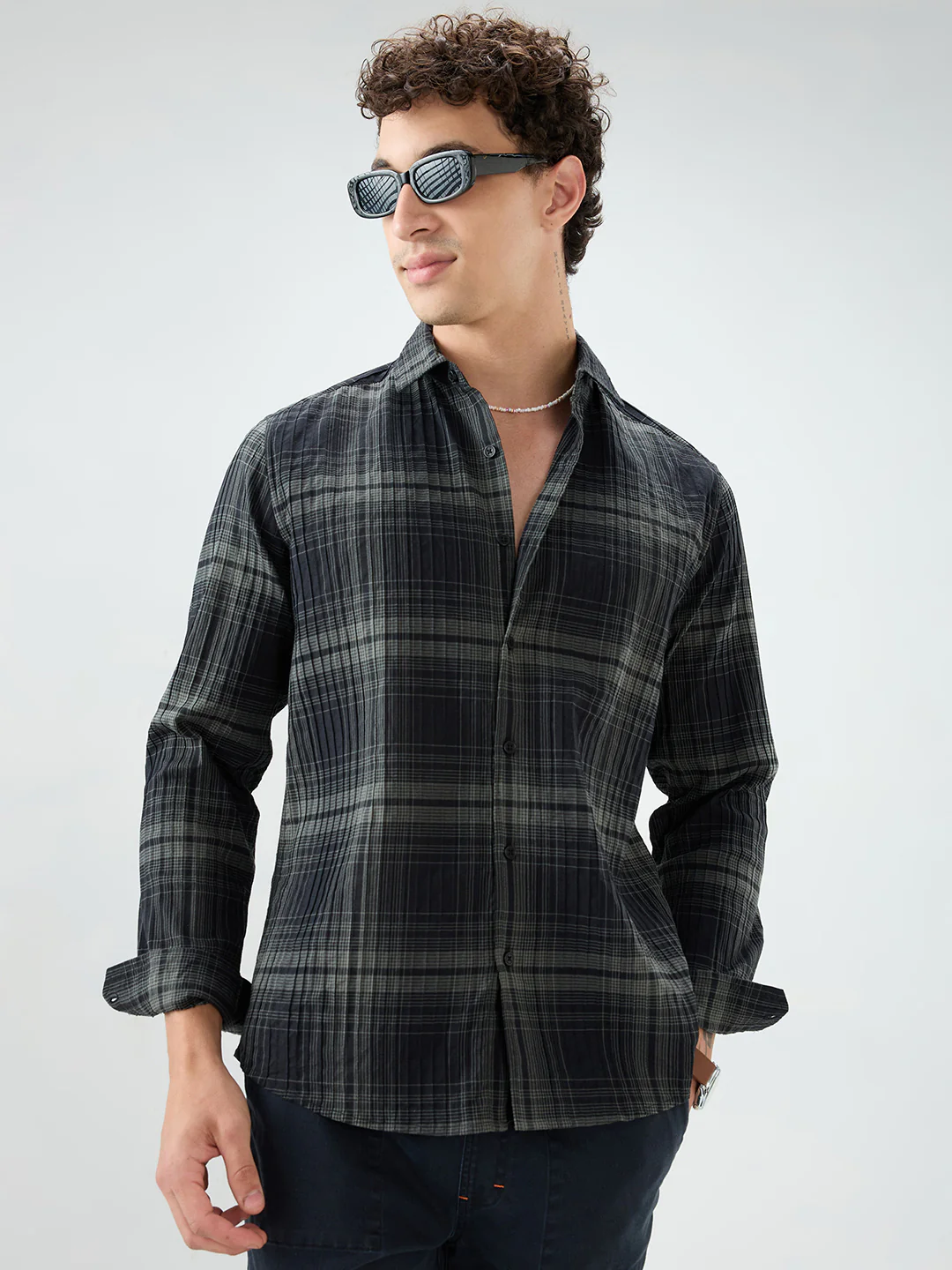 Black & Olive Plaid Checks Textured Shirt - Image 5