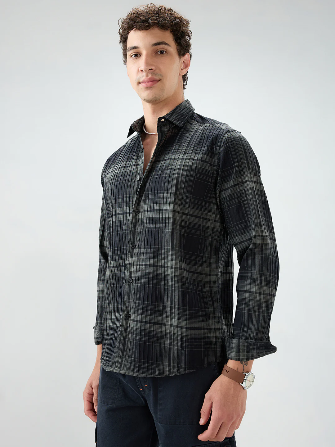 Black & Olive Plaid Checks Textured Shirt - Image 6