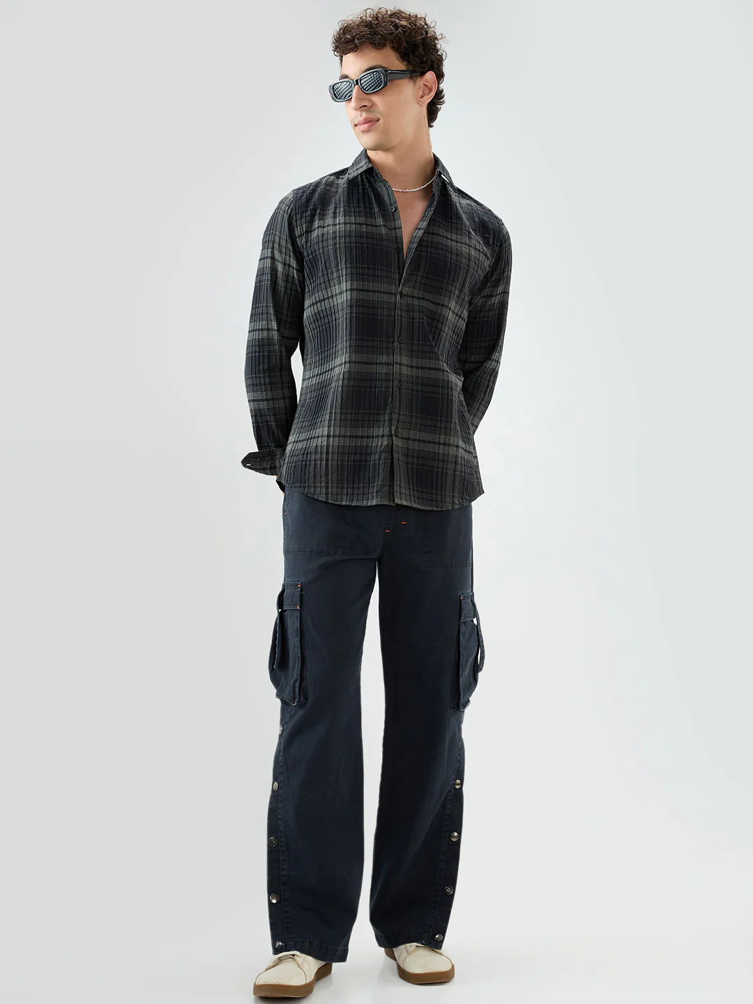 Black & Olive Plaid Checks Textured Shirt - Image 8