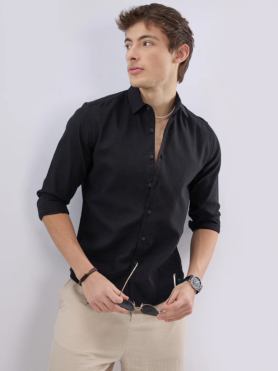 Black Open Weave Refined Textured Shirt