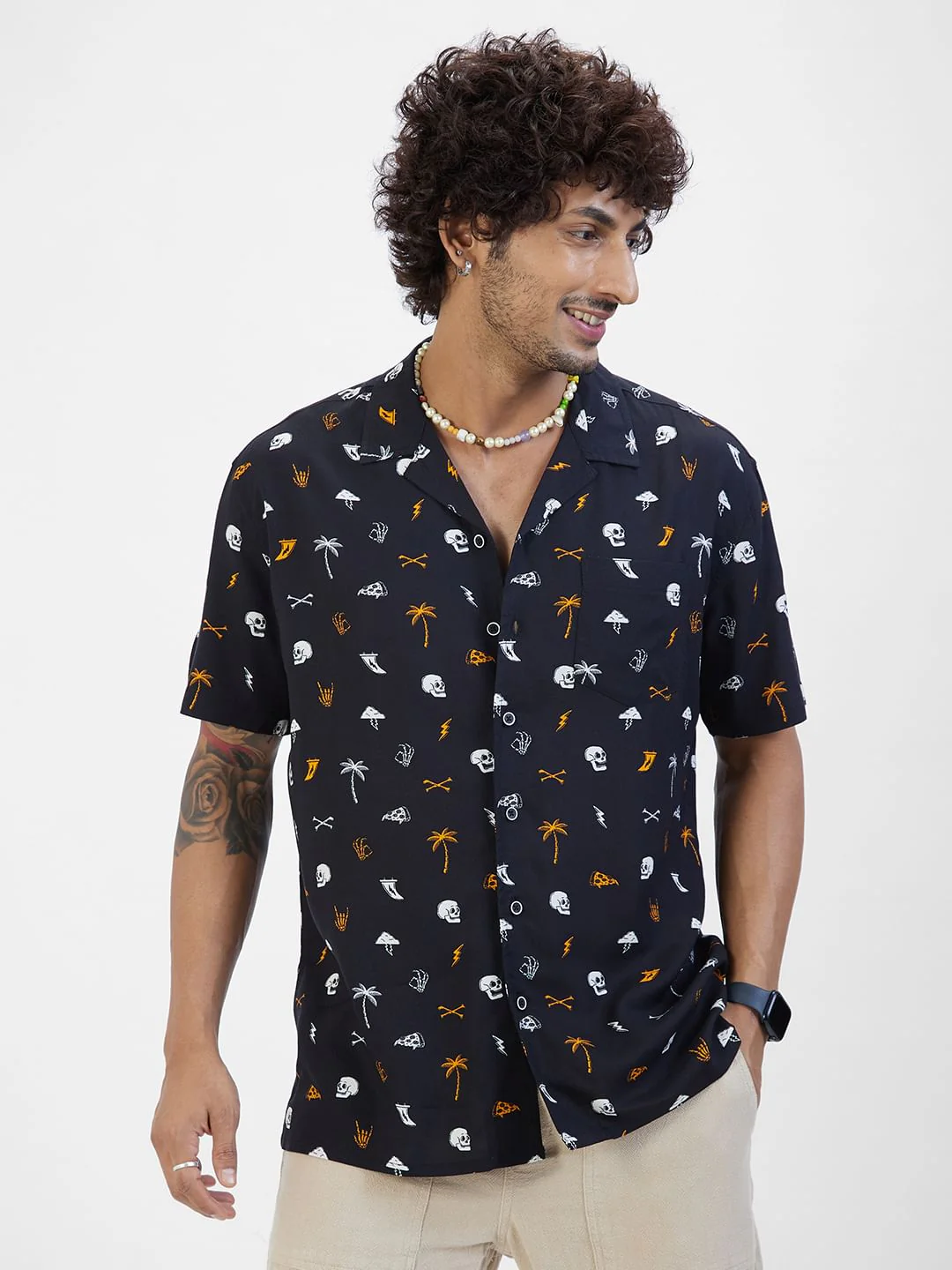 Black Printed Notch Collar Oversized Shirt - Image 4