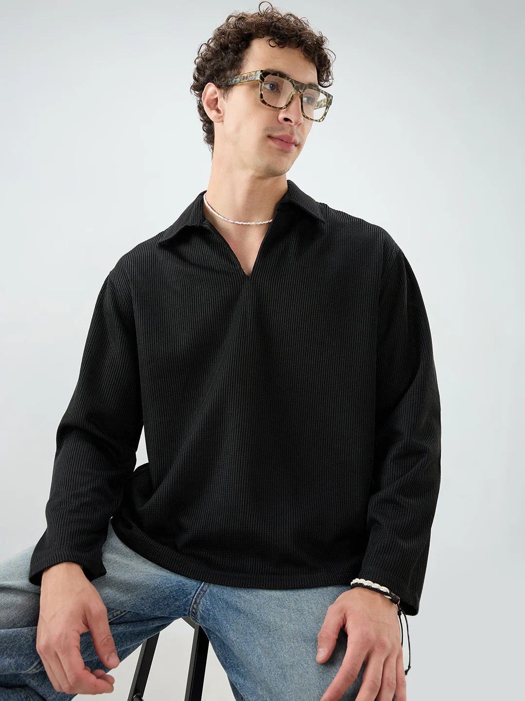 Black Refined Textured Knitted Oversized Polo Shirt