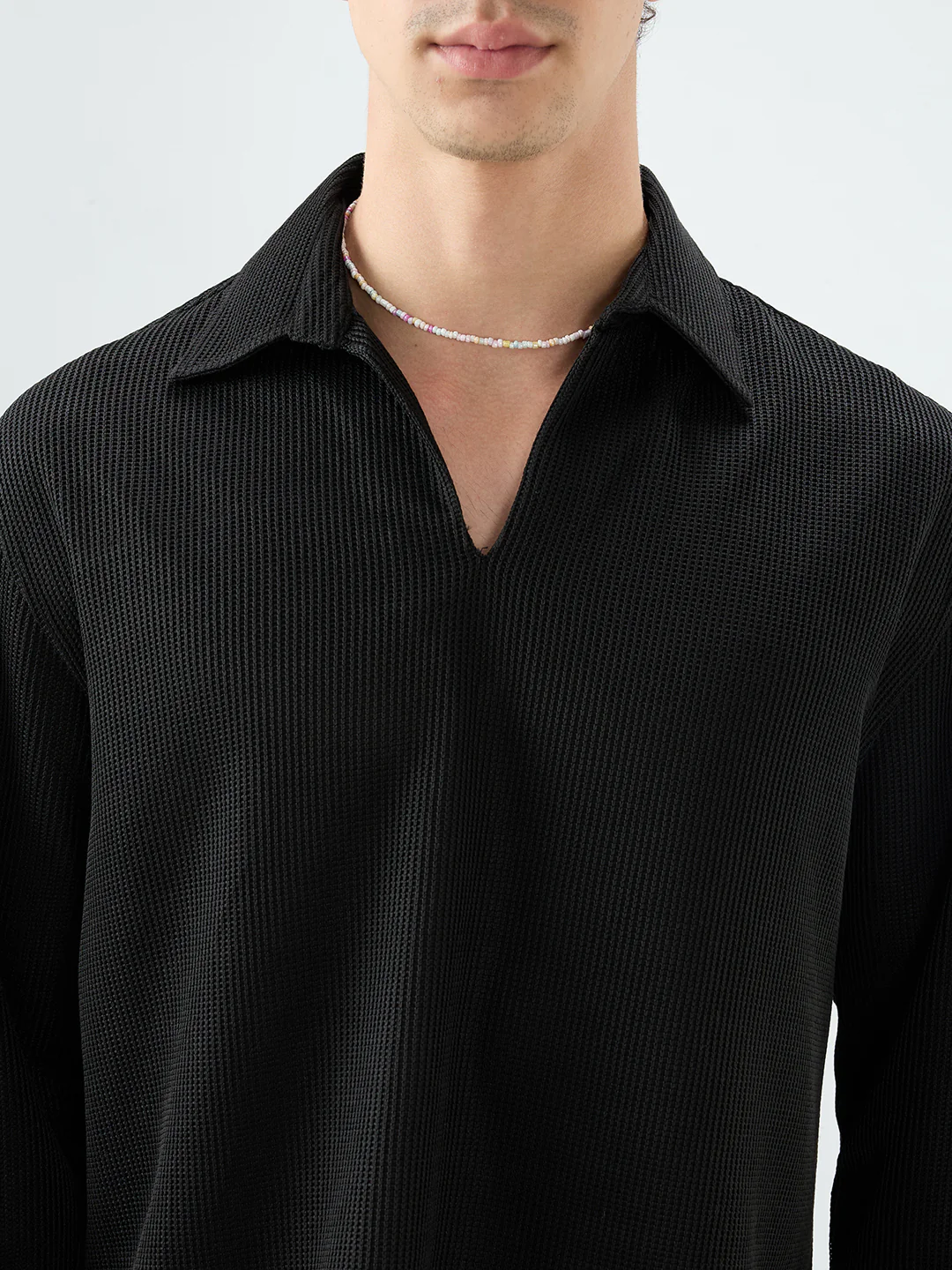 Black Refined Textured Knitted Oversized Polo Shirt - Image 3