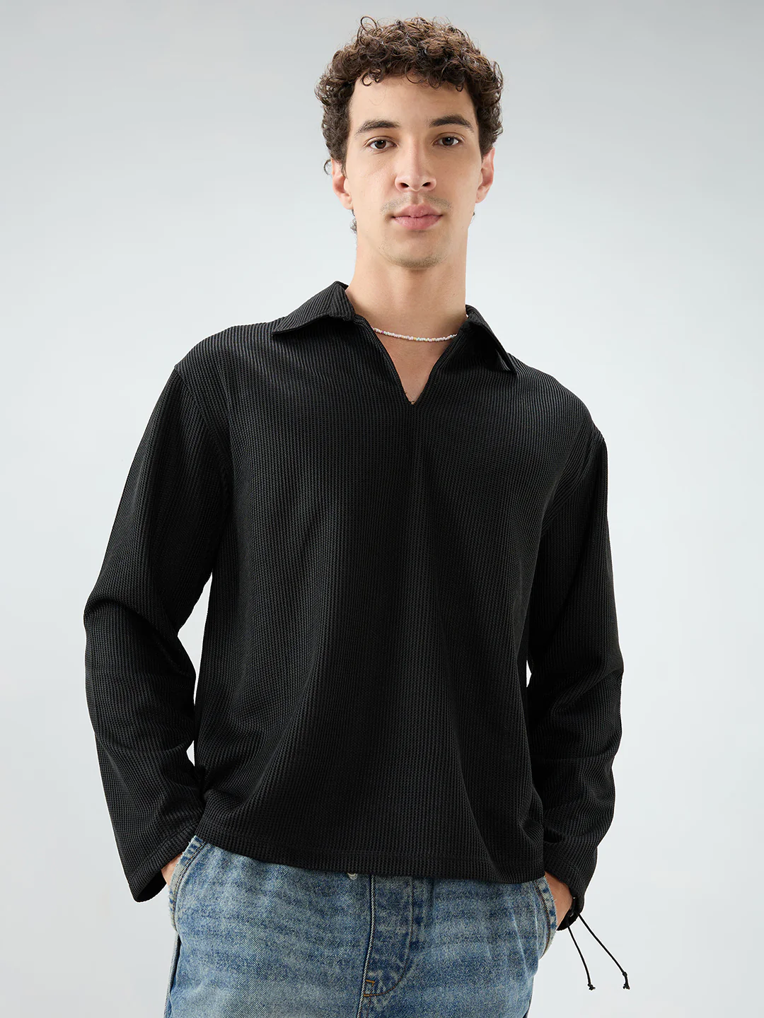 Black Refined Textured Knitted Oversized Polo Shirt - Image 5