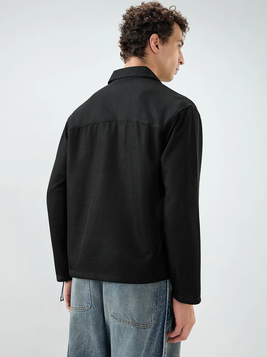 Black Refined Textured Knitted Oversized Polo Shirt - Image 7