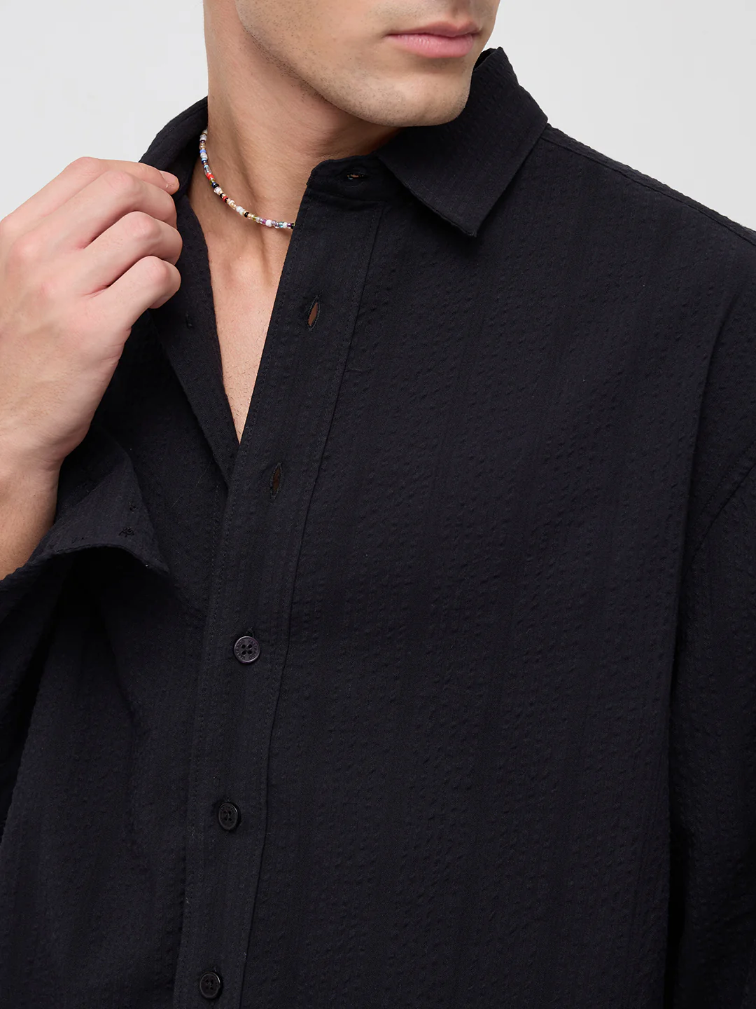 Black Seersucker Striped Boxy Fit Crop Shirt - Image 3
