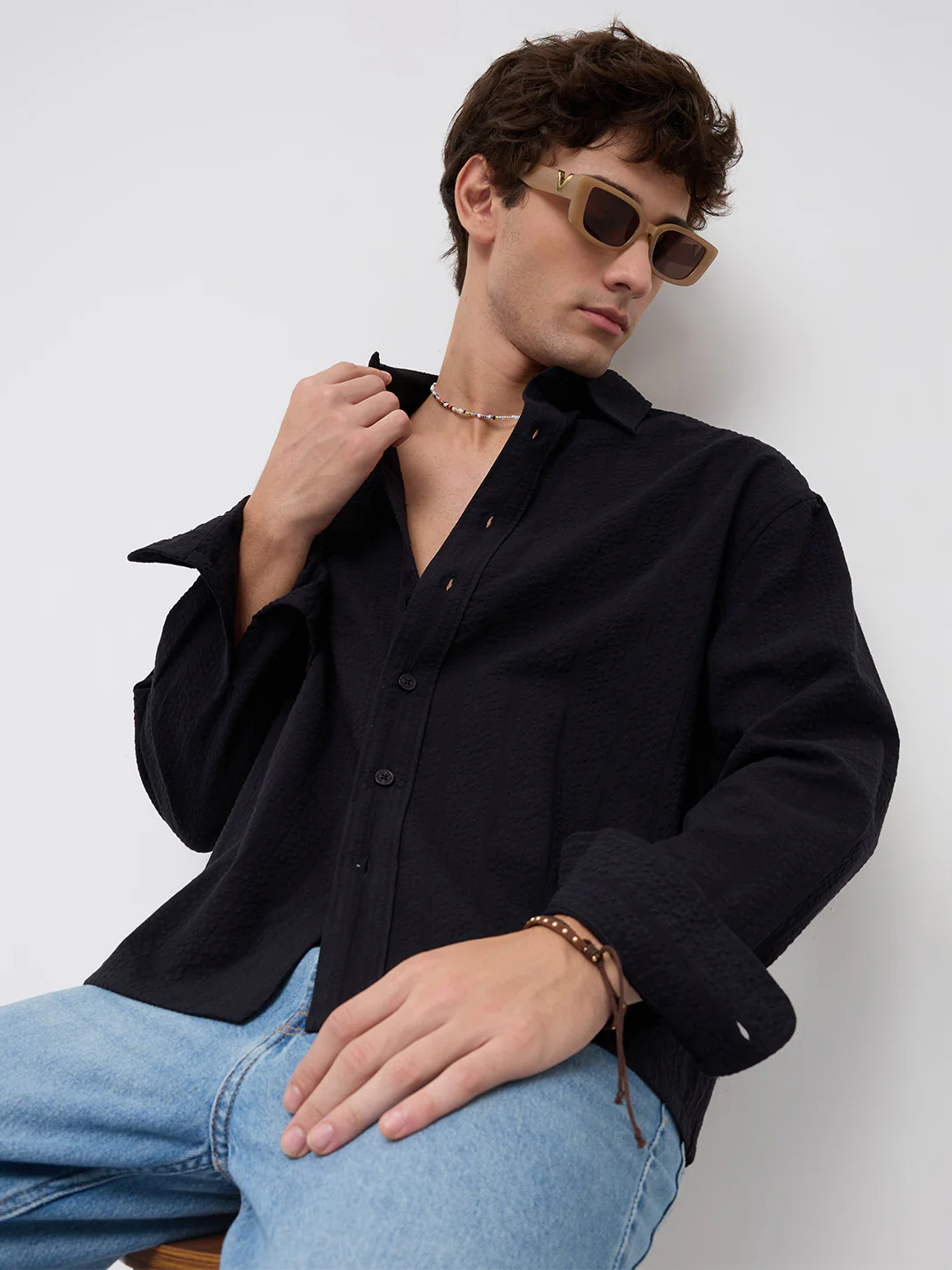 Black Seersucker Striped Boxy Fit Crop Shirt - Image 4