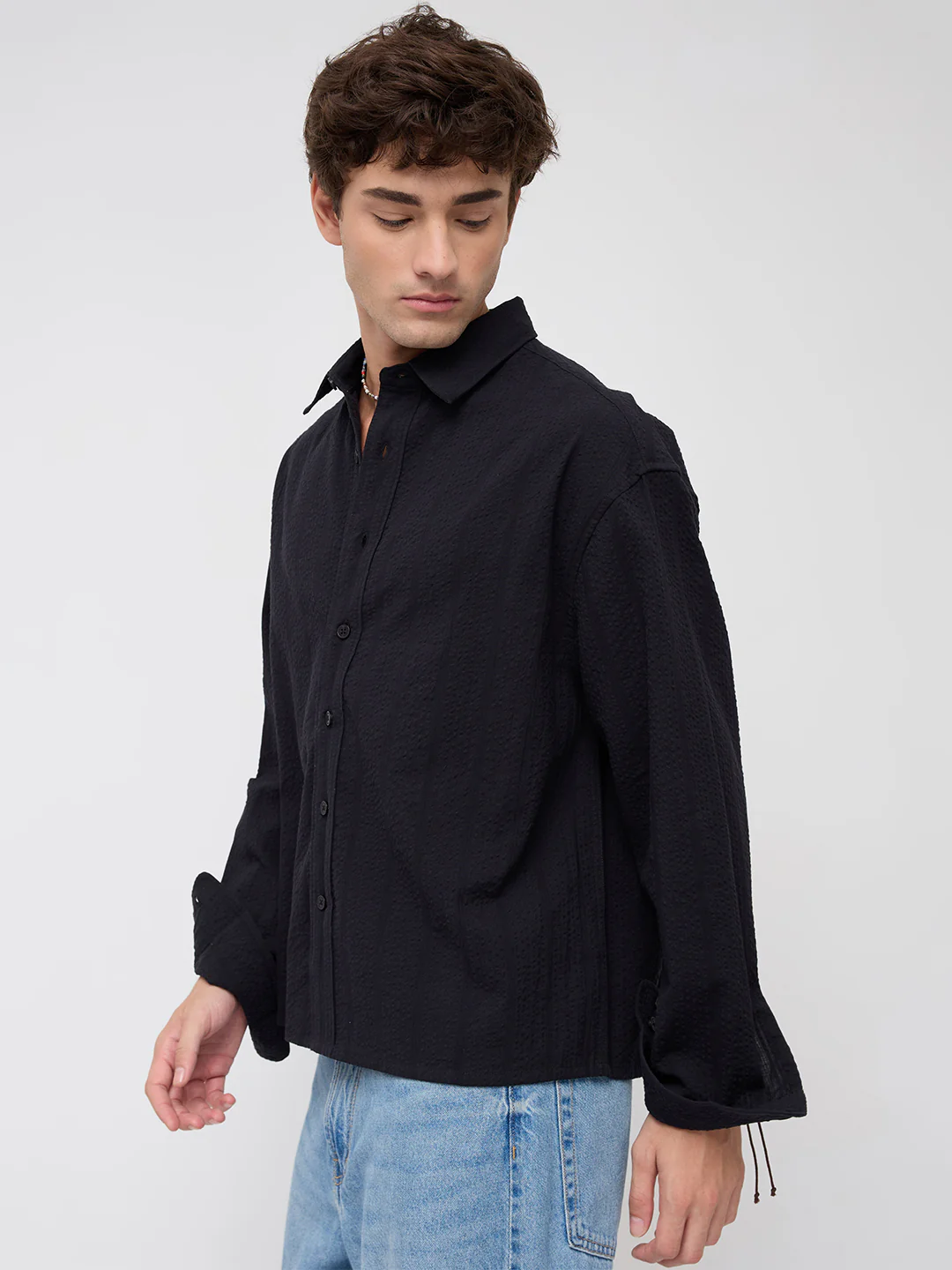 Black Seersucker Striped Boxy Fit Crop Shirt - Image 7