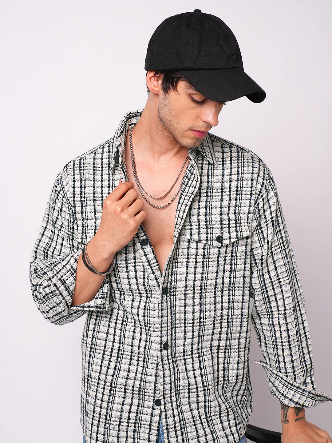 Black Tartan Checks Double Pocket Overshirt