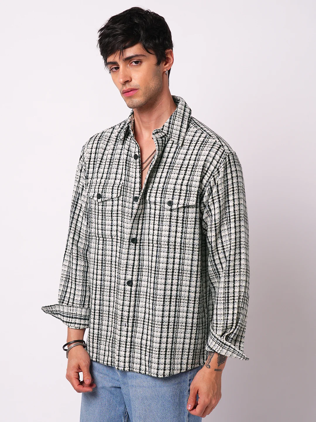 Black Tartan Checks Double Pocket Overshirt - Image 6
