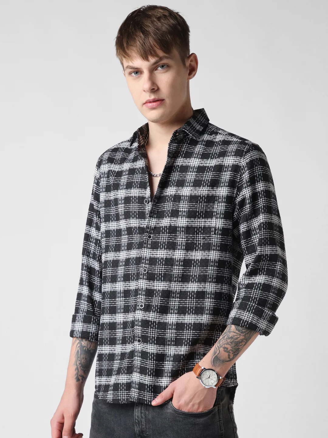 Black & White Plaid Checks Jacquard Shirt