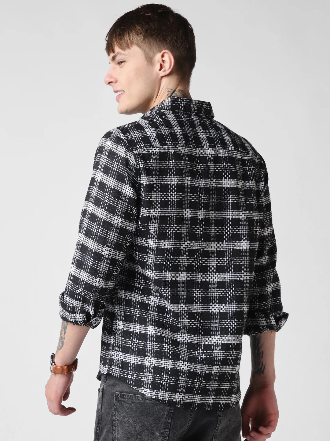 Black & White Plaid Checks Jacquard Shirt - Image 6