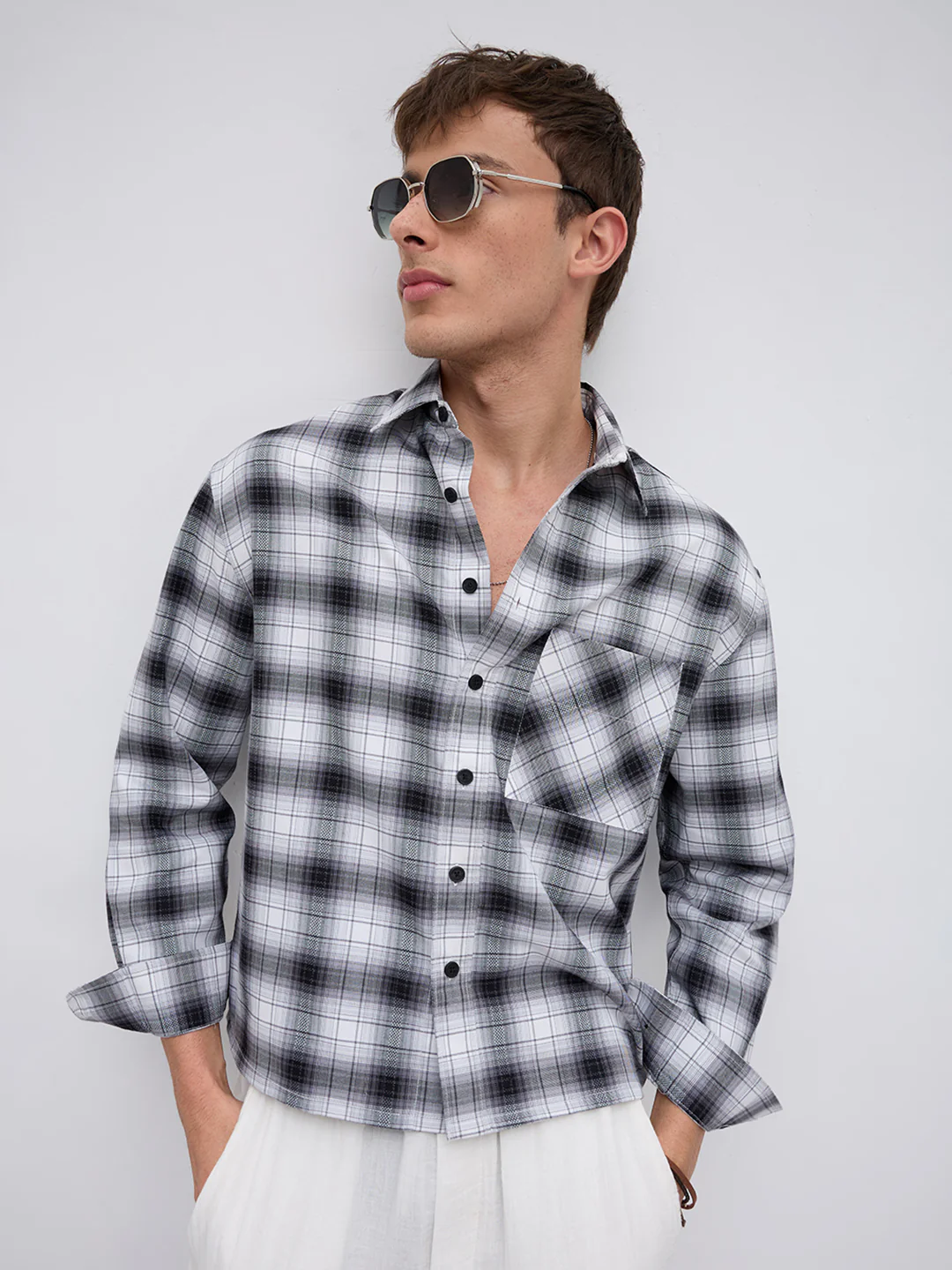 Black & White Tartanique Checked Boxy Fit Crop Shirt