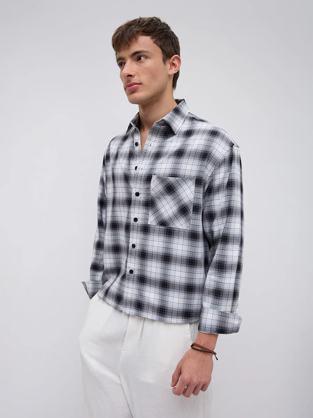 Black & White Tartanique Checked Boxy Fit Crop Shirt - Image 6