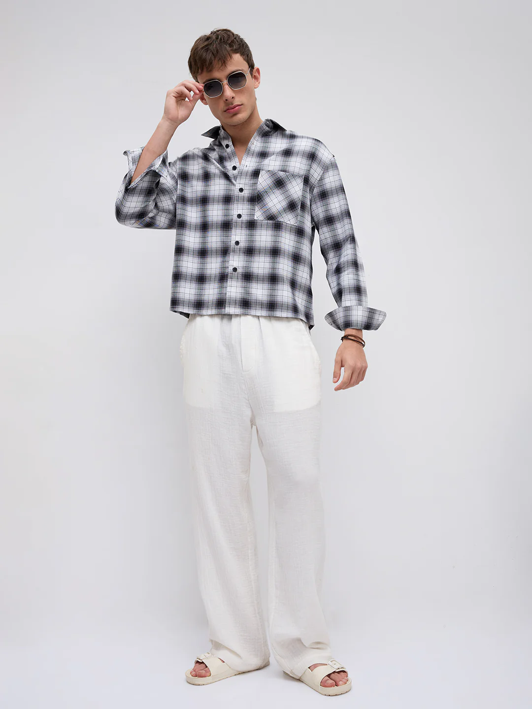 Black & White Tartanique Checked Boxy Fit Crop Shirt - Image 8