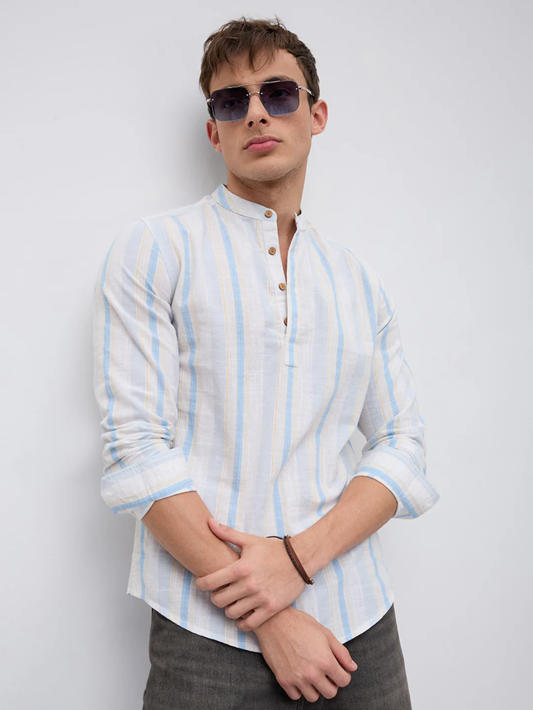 Blue Haze & Grey Vertical Stripe Kurta - Image 4