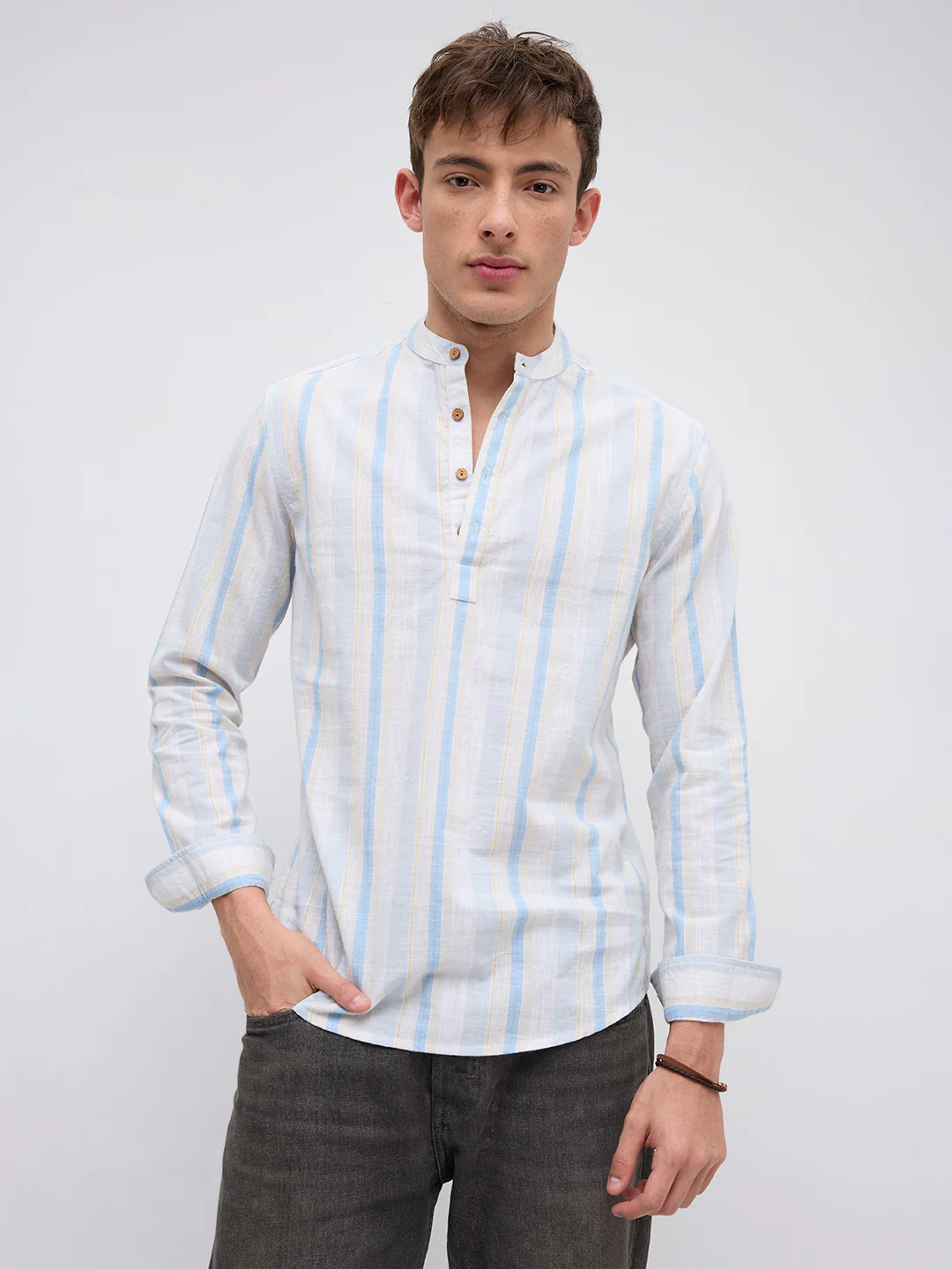 Blue Haze & Grey Vertical Stripe Kurta - Image 5