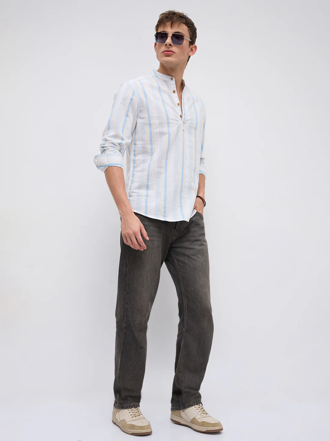 Blue Haze & Grey Vertical Stripe Kurta - Image 8