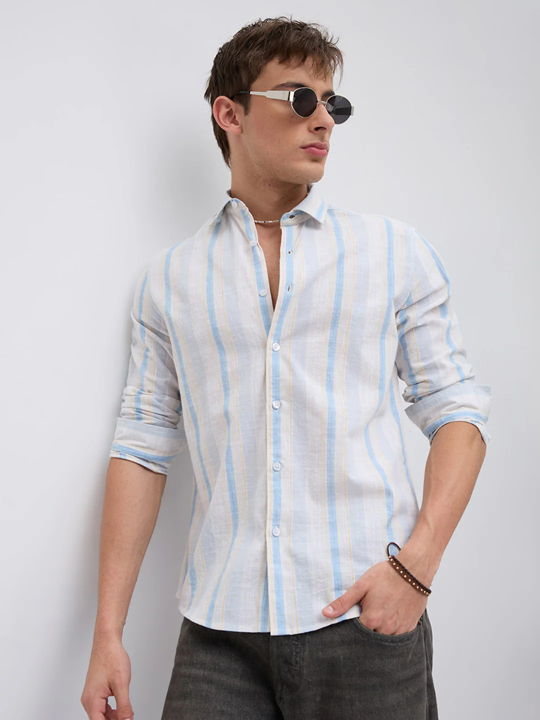 Blue Haze & Grey Vertical Stripe Shirt - Image 2