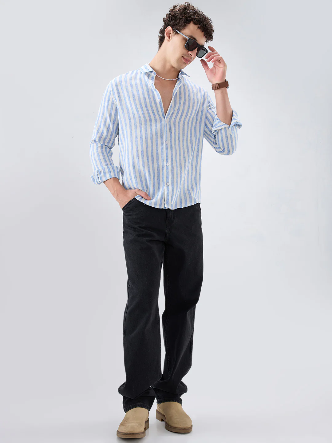 Blue & Ivory Balanced Striped Linen Blend Shirt - Image 8