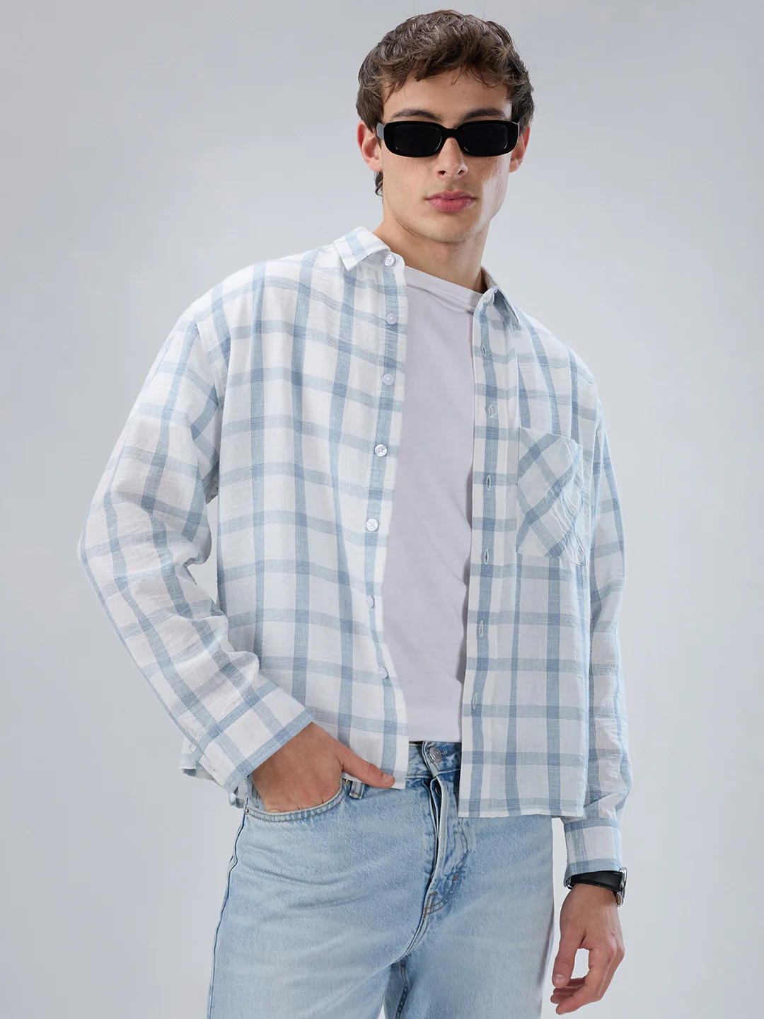 Blue & White Tartan Checkered Boxy Fit Crop Shirt - Image 2