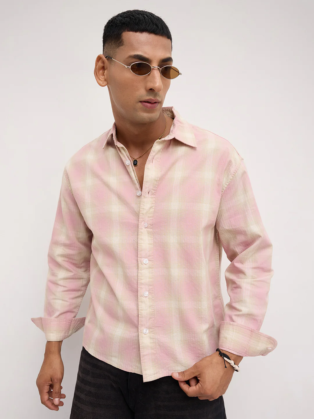 Blush Pink Block Checks Boxy Fit Crop Shirt - Image 4