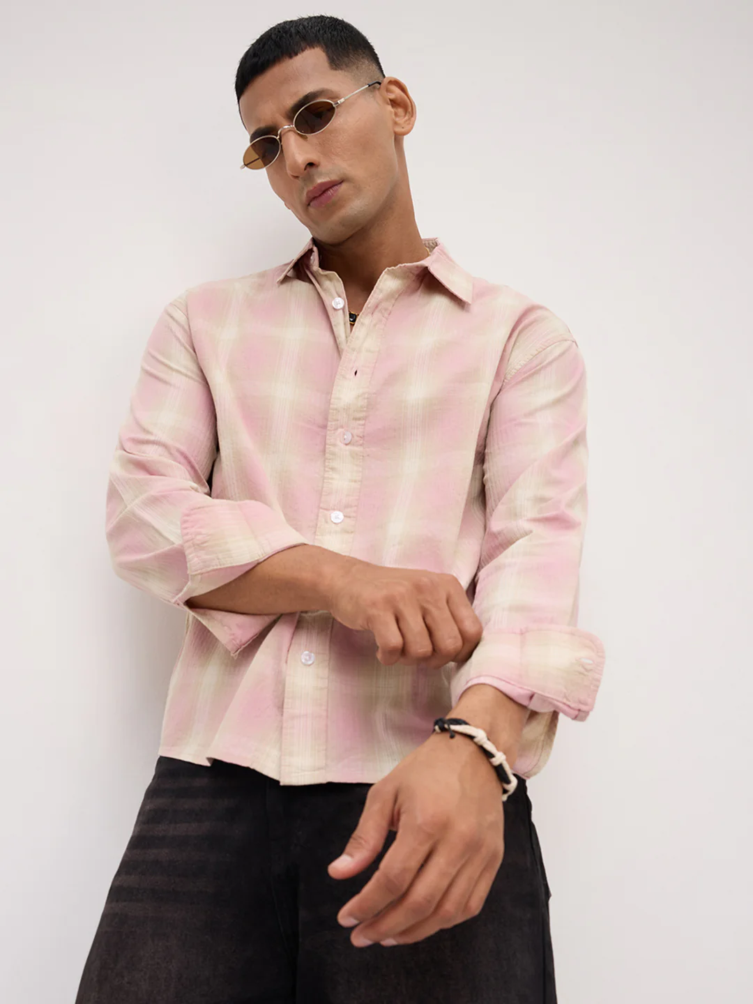 Blush Pink Block Checks Boxy Fit Crop Shirt - Image 5