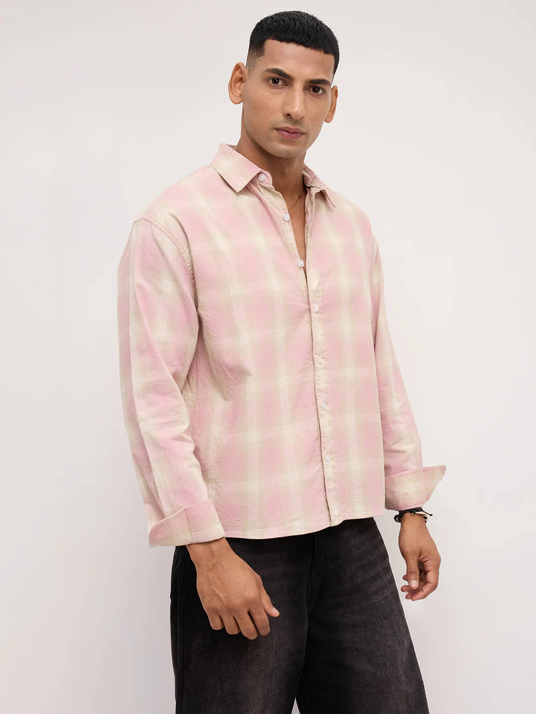 Blush Pink Block Checks Boxy Fit Crop Shirt - Image 6