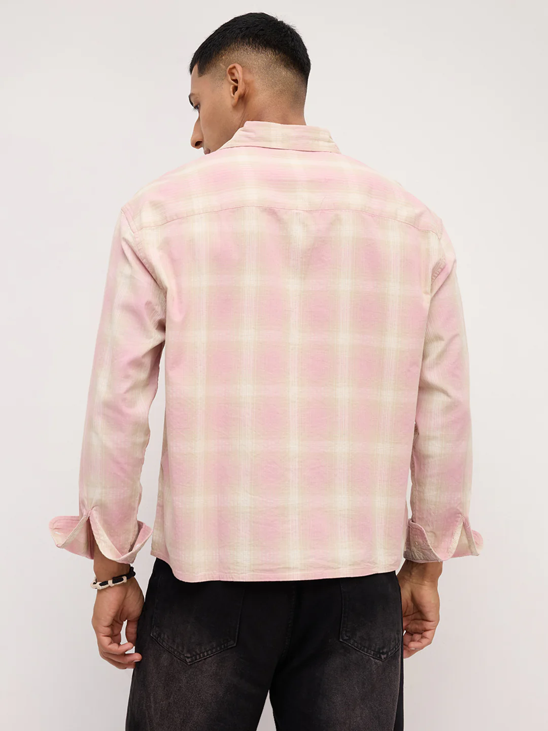 Blush Pink Block Checks Boxy Fit Crop Shirt - Image 7