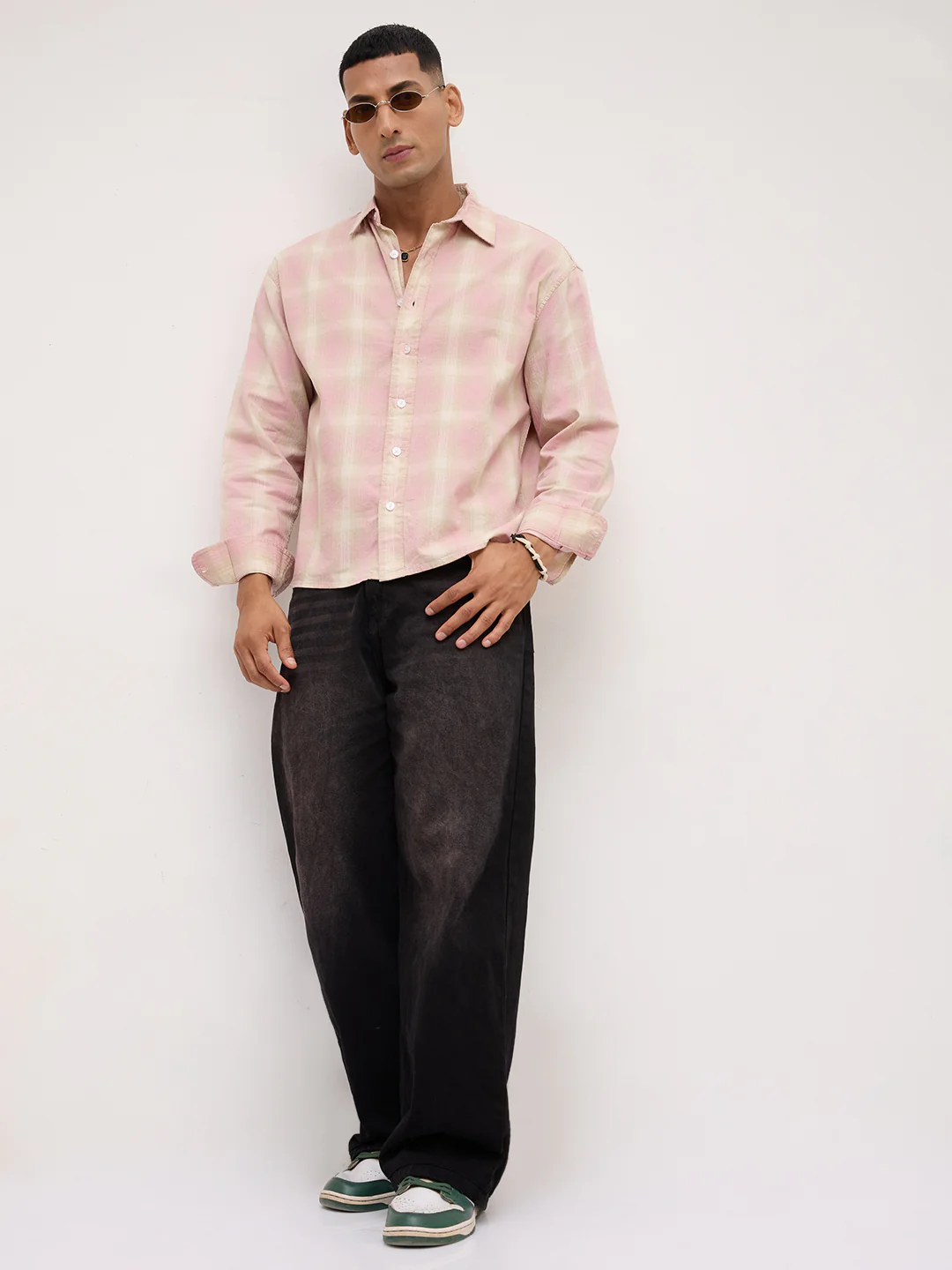 Blush Pink Block Checks Boxy Fit Crop Shirt - Image 8