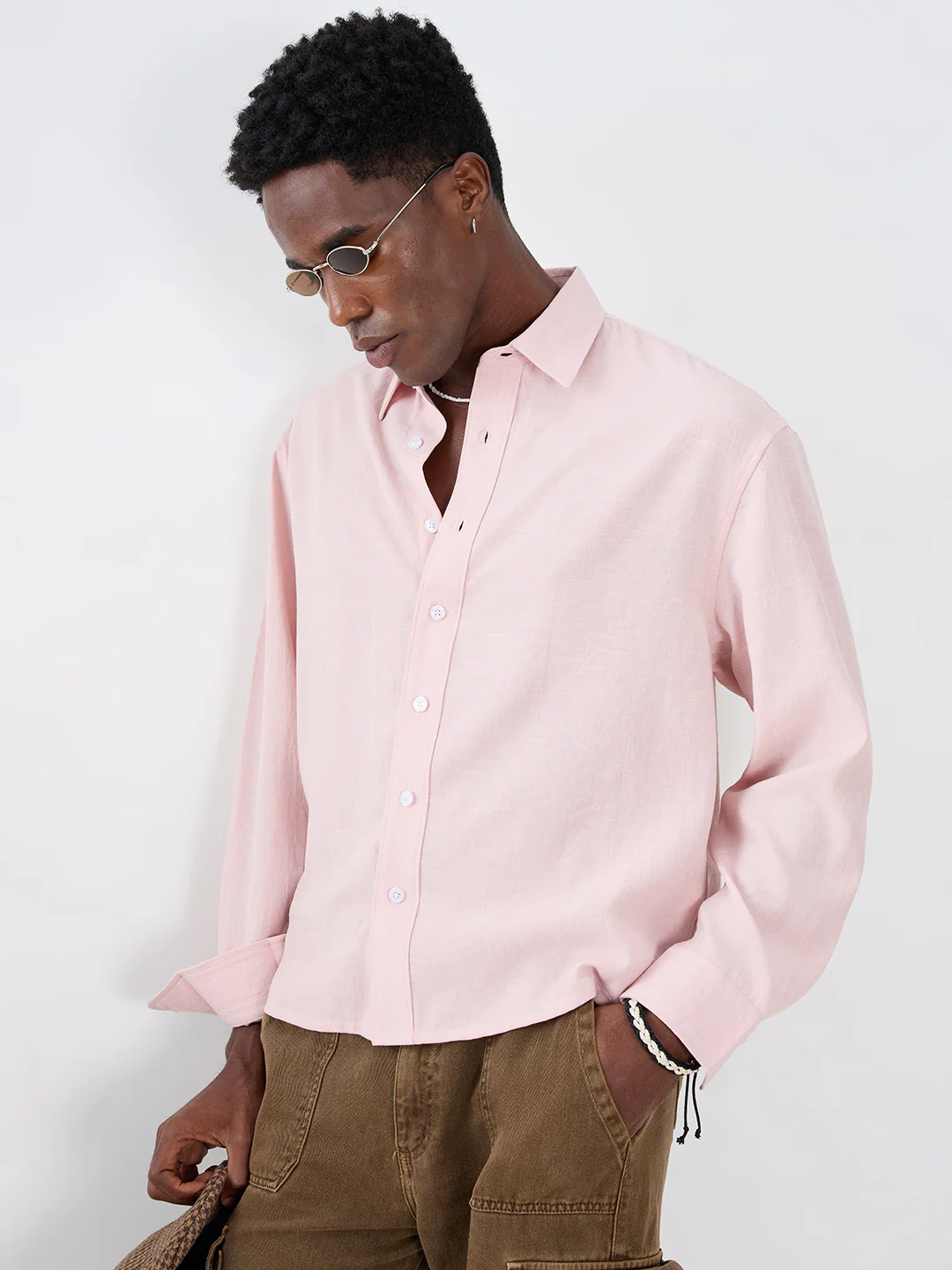 Blush Pink Fine Weave Boxy Fit Crop Shirt