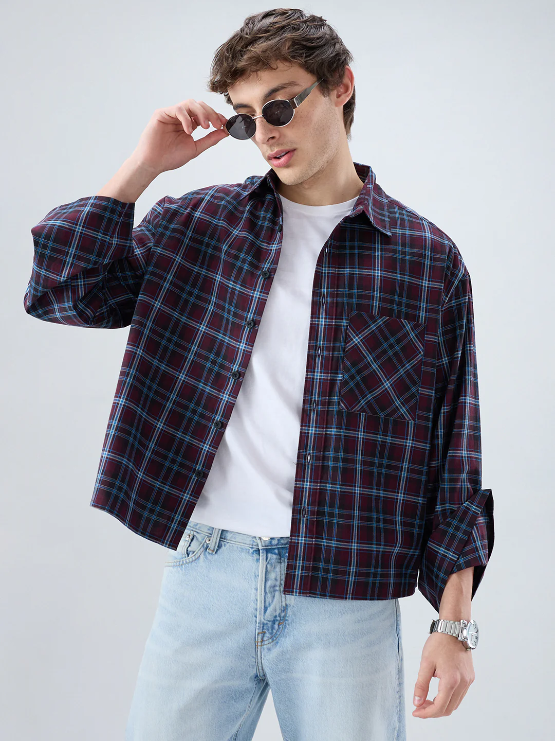 Brown & Blue Plaid Checks Cuffless Oversized Crop Shirt - Image 4