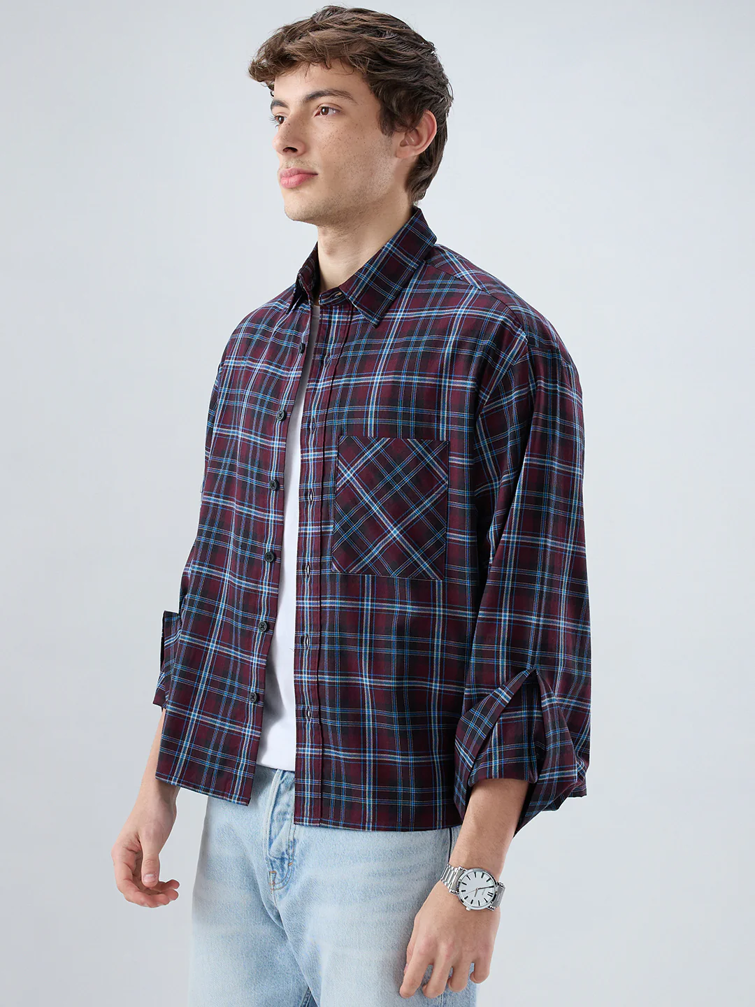 Brown & Blue Plaid Checks Cuffless Oversized Crop Shirt - Image 5