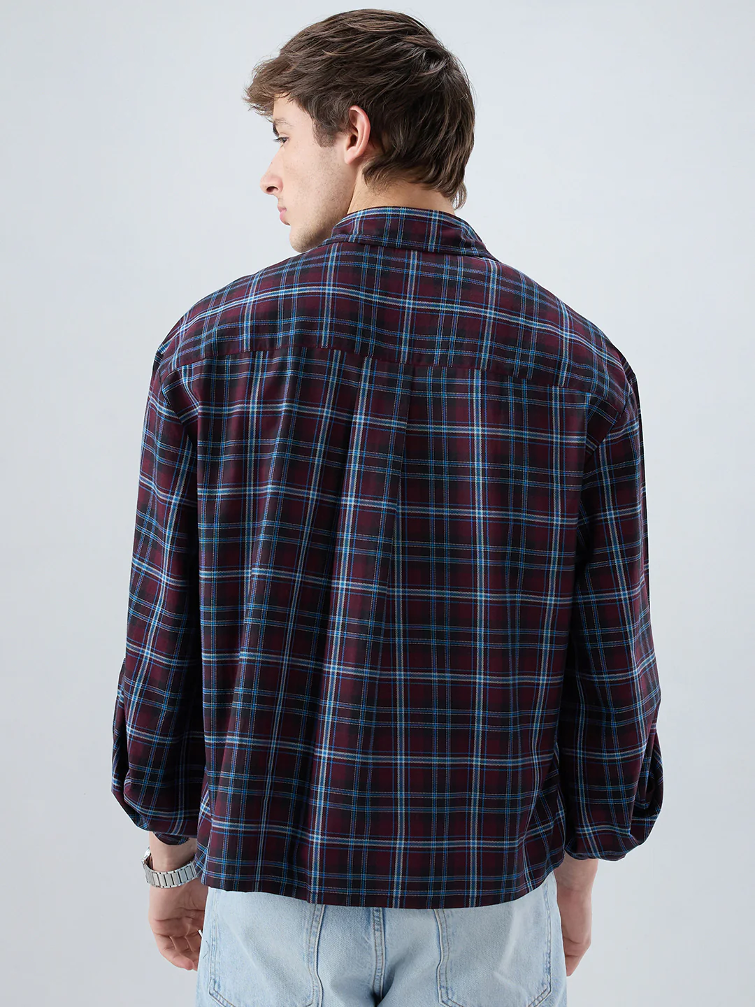 Brown & Blue Plaid Checks Cuffless Oversized Crop Shirt - Image 6