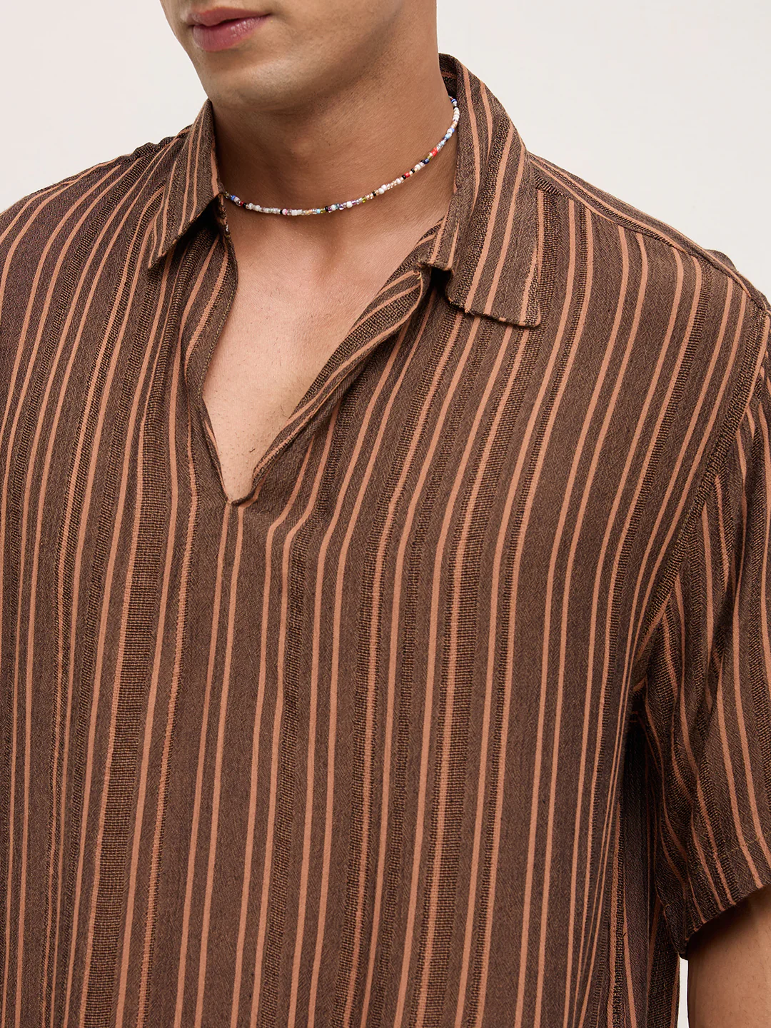 Brown Dobby Striped Oversized Polo Shirt - Image 3