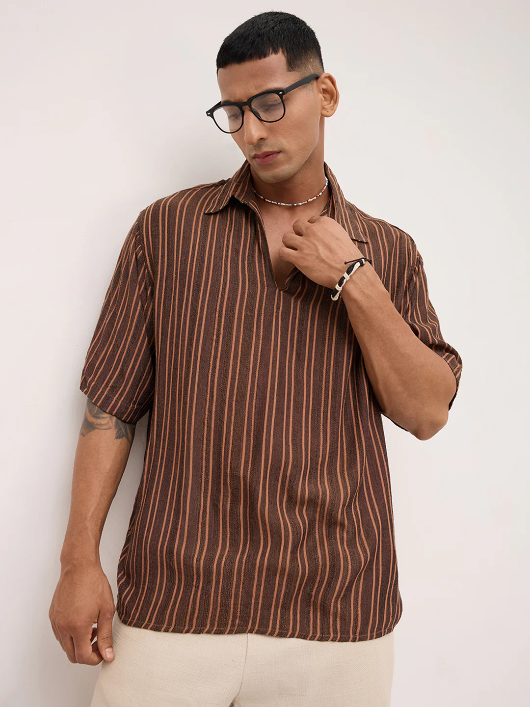 Brown Dobby Striped Oversized Polo Shirt - Image 4