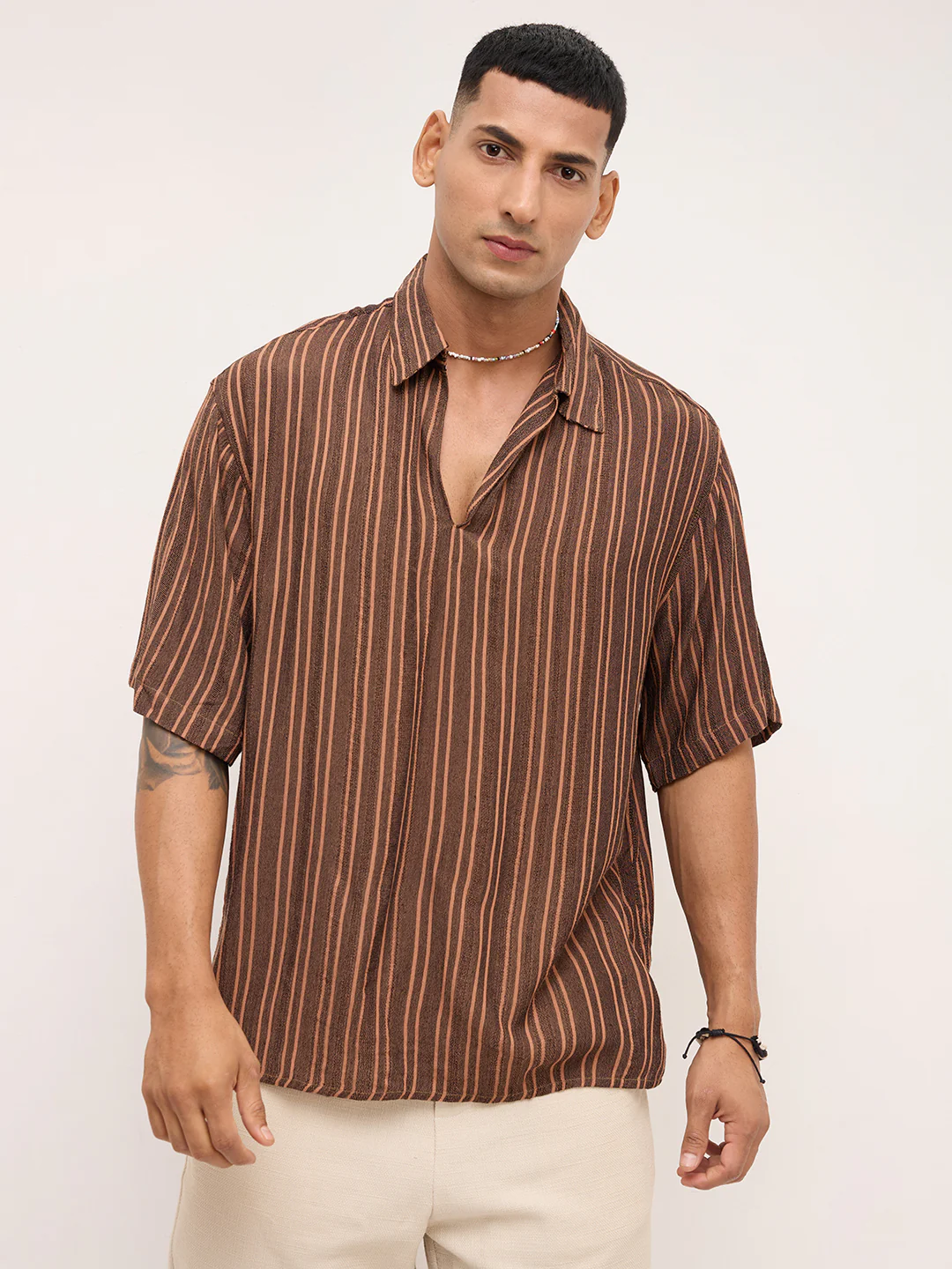 Brown Dobby Striped Oversized Polo Shirt - Image 5