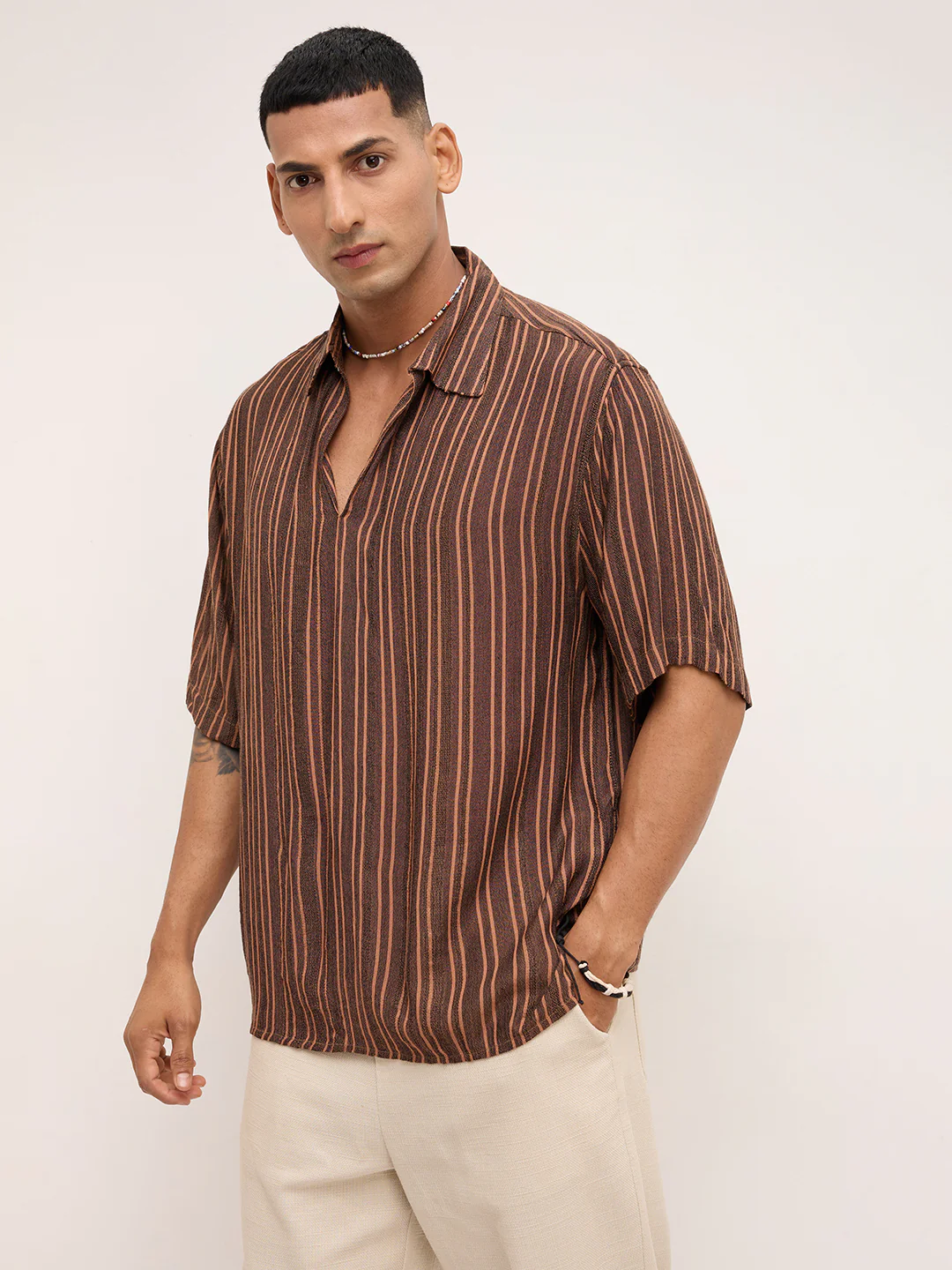 Brown Dobby Striped Oversized Polo Shirt - Image 6