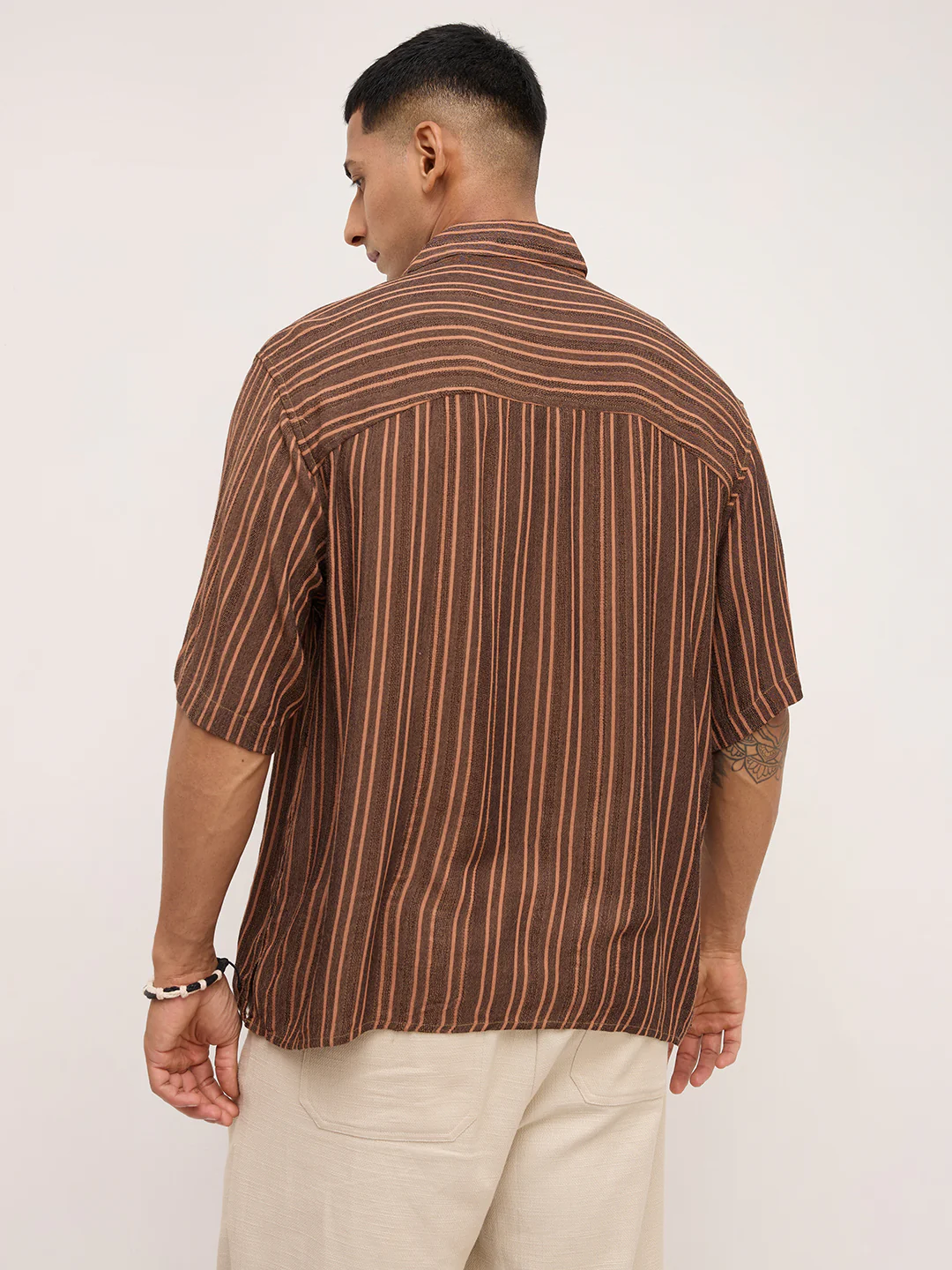 Brown Dobby Striped Oversized Polo Shirt - Image 7