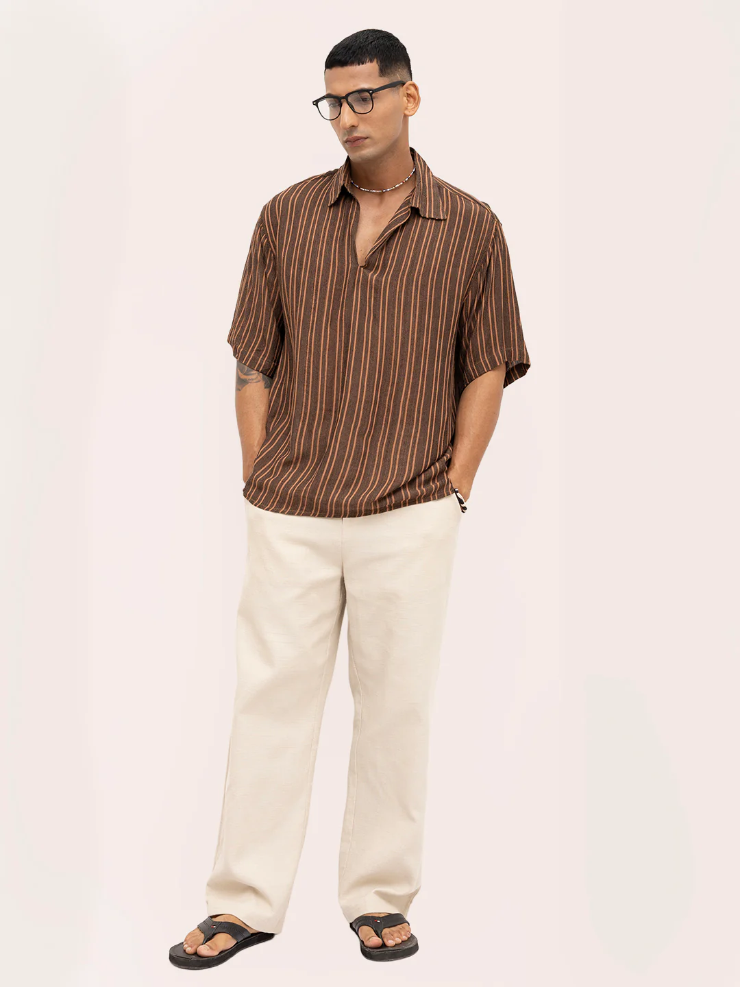 Brown Dobby Striped Oversized Polo Shirt - Image 8