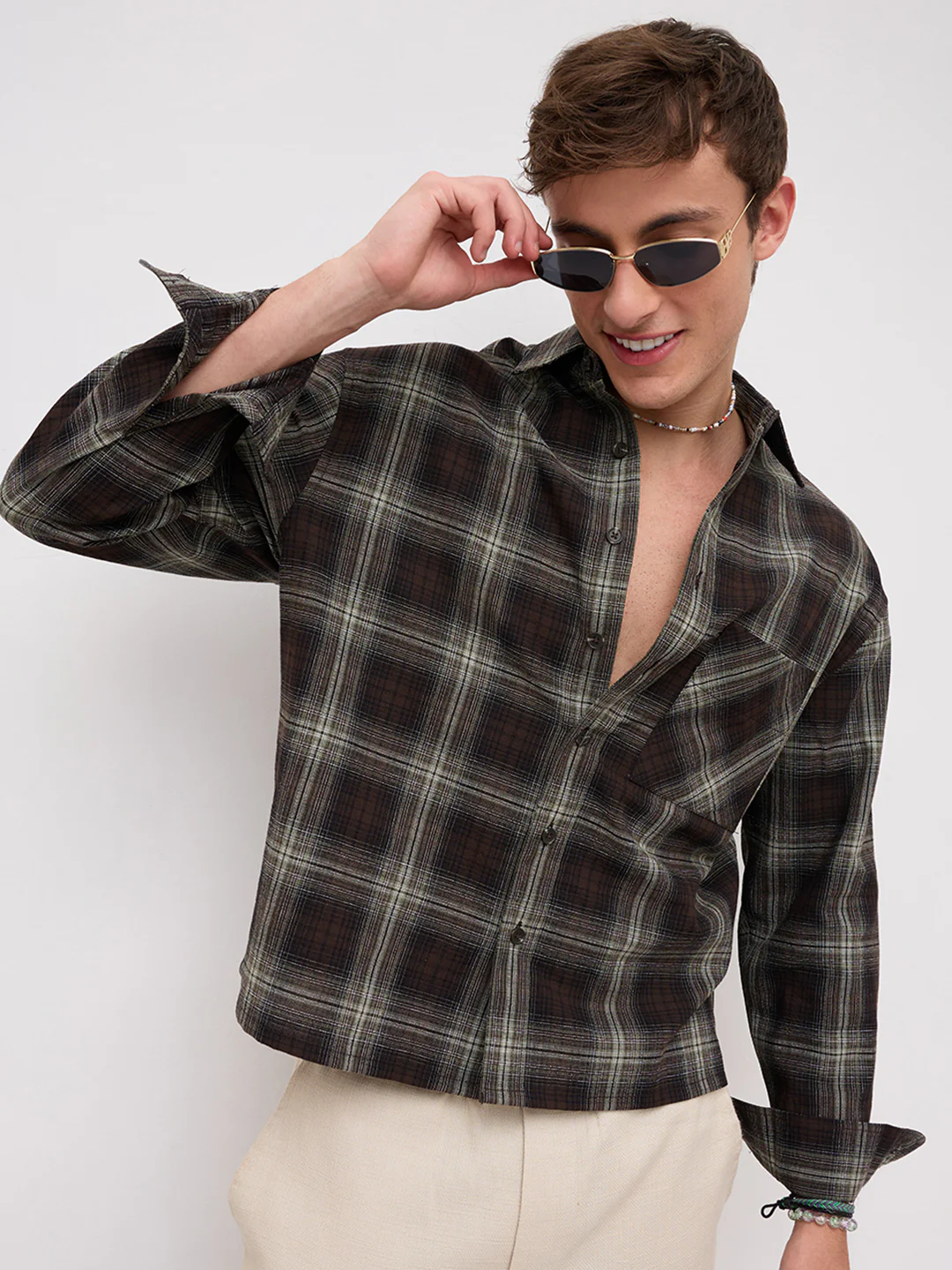 Brown & Mint Green Contrast Fine Checks Boxy Fit Crop Shirt - Image 2