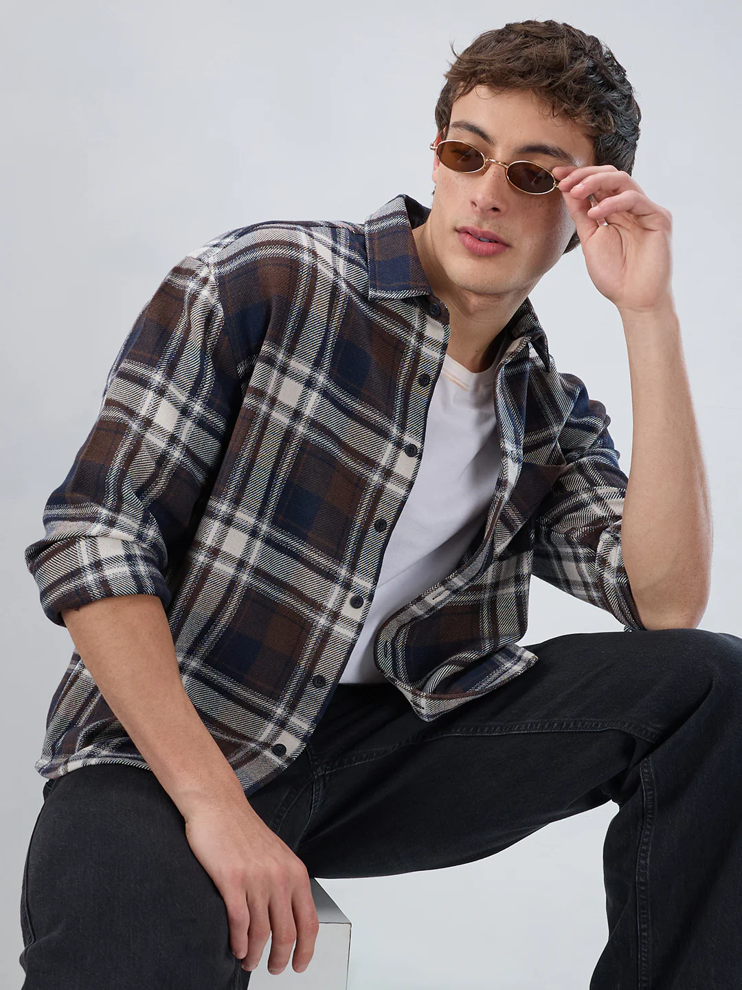 Brown & Navy Plaid Checks Boxy Fit Crop Shirt
