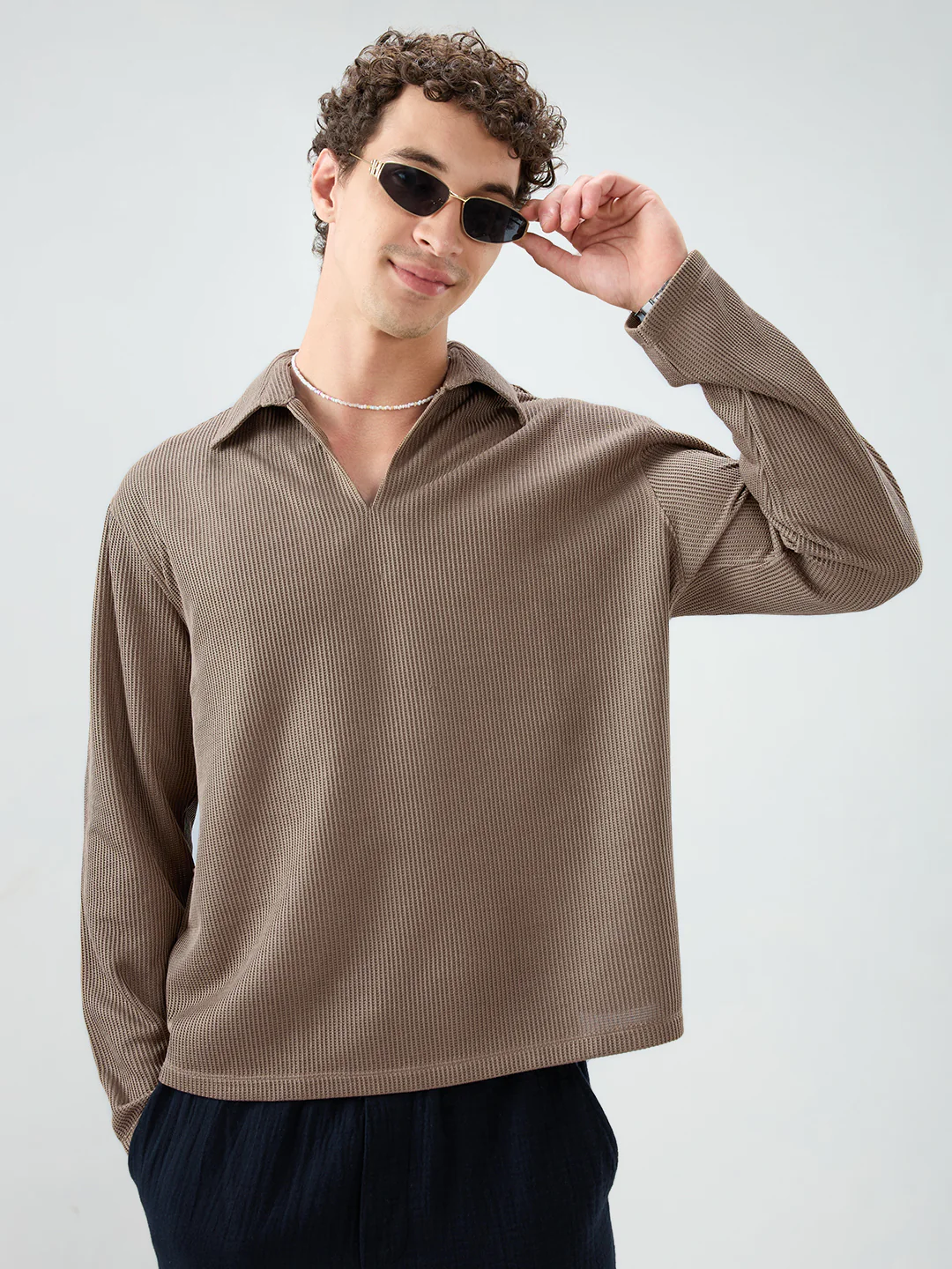 Brown Refined Textured Knitted Oversized Polo Shirt - Image 2