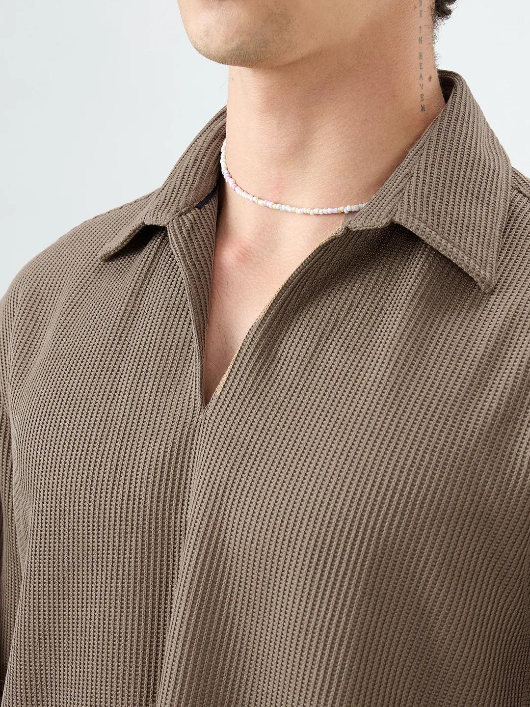 Brown Refined Textured Knitted Oversized Polo Shirt - Image 3