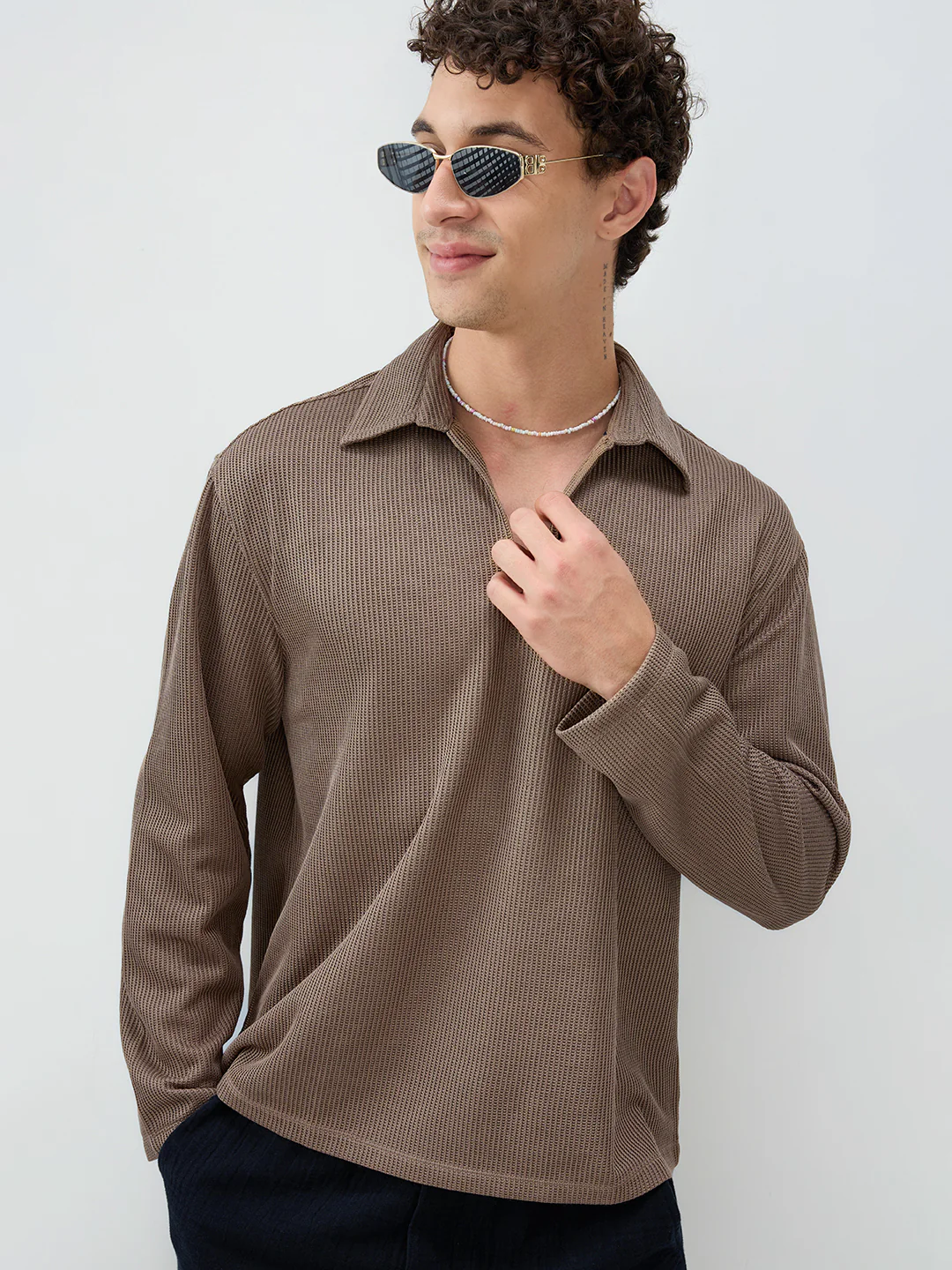 Brown Refined Textured Knitted Oversized Polo Shirt - Image 4