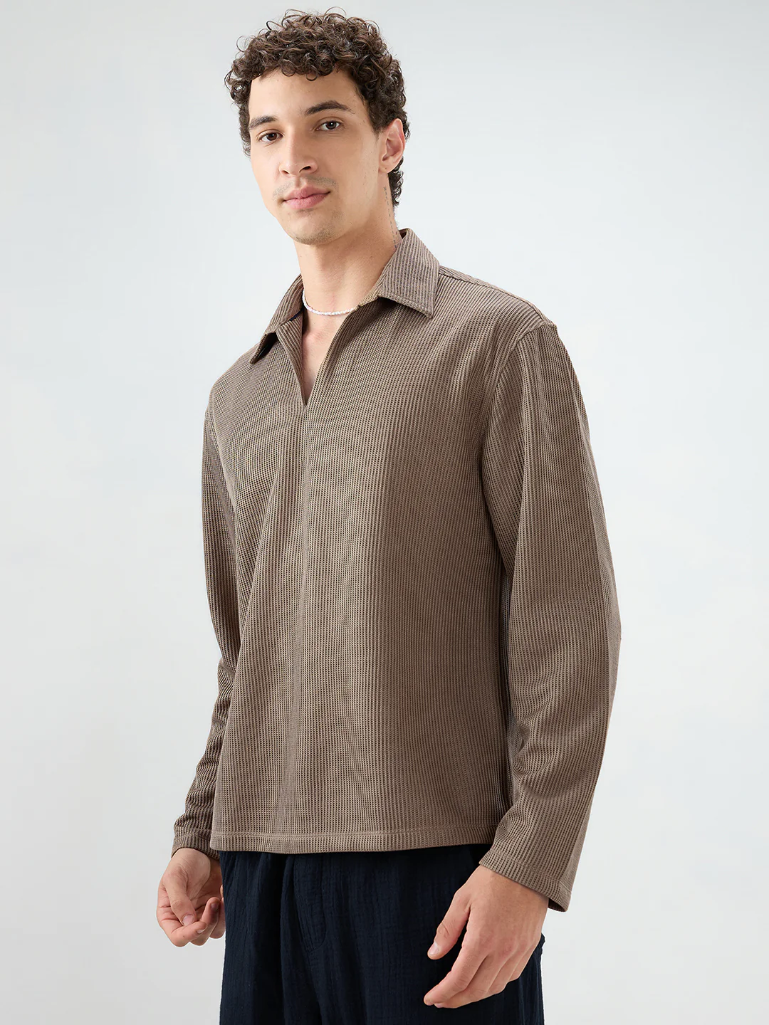 Brown Refined Textured Knitted Oversized Polo Shirt - Image 6