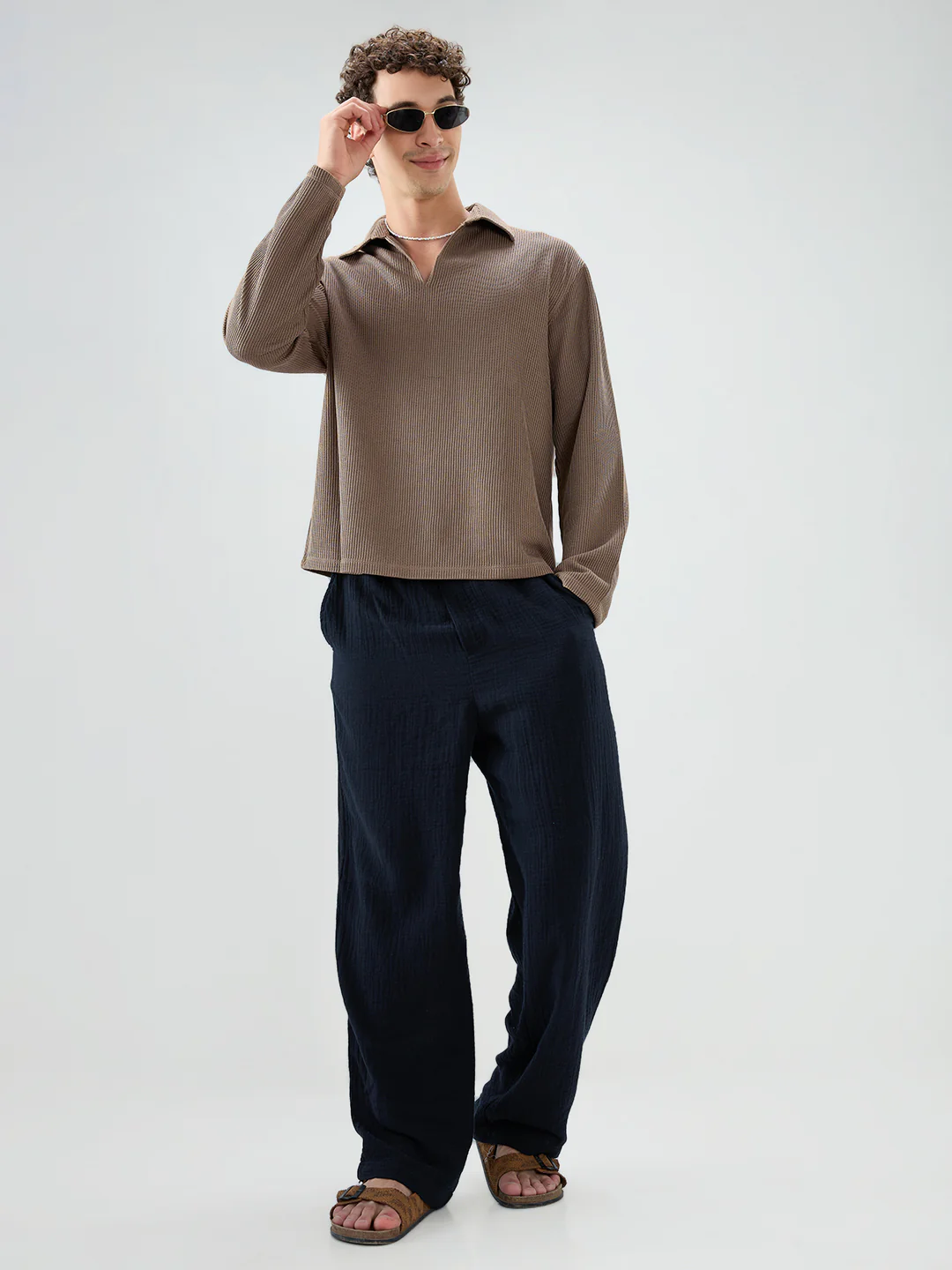 Brown Refined Textured Knitted Oversized Polo Shirt - Image 8