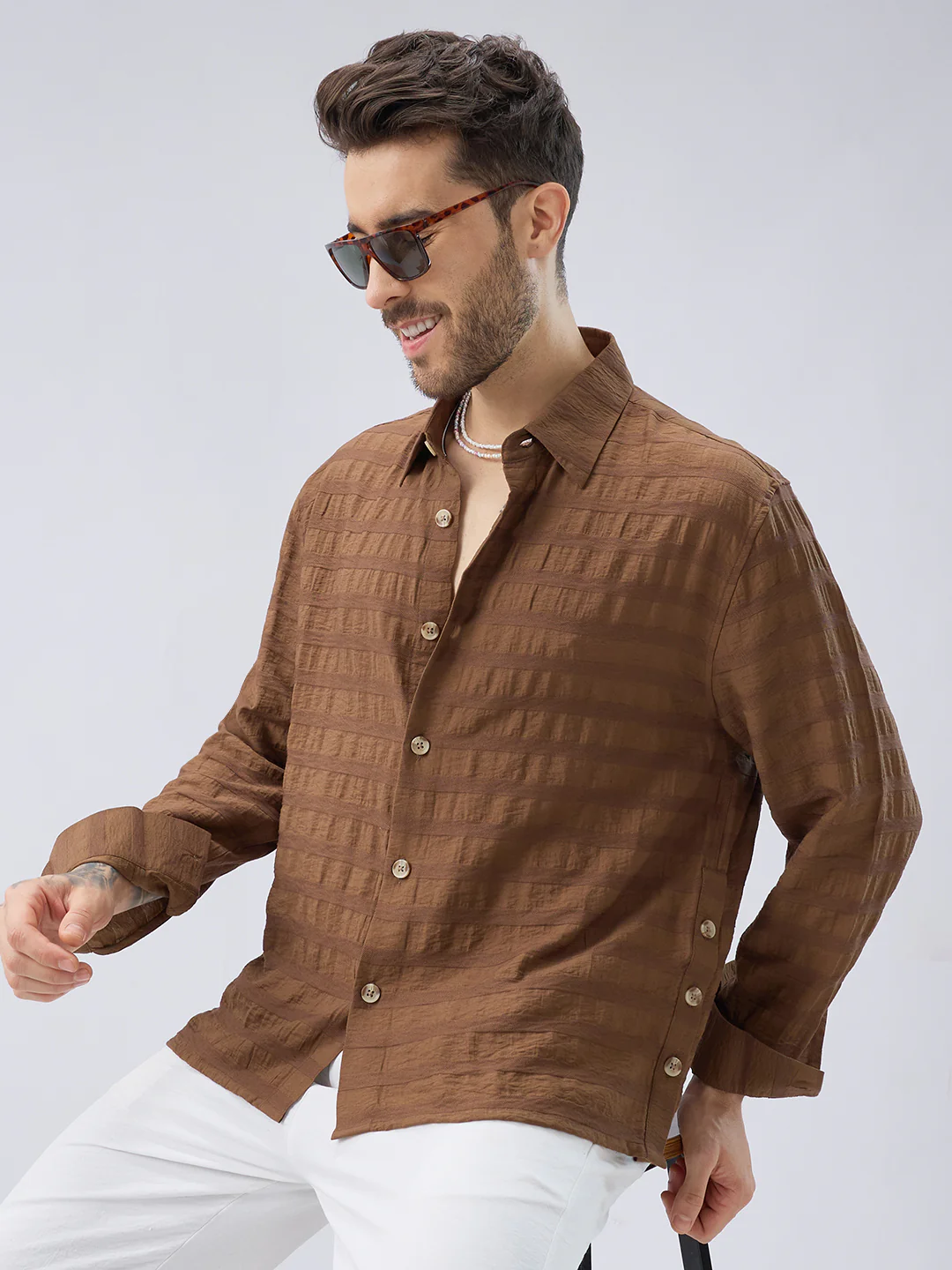 Brown Tonal Textured Side Slit Button Boxy Fit Crop Shirt