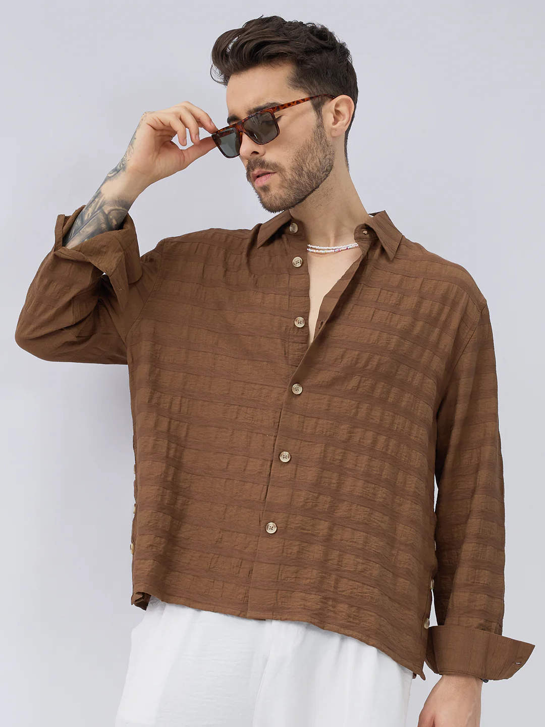 Brown Tonal Textured Side Slit Button Boxy Fit Crop Shirt - Image 2