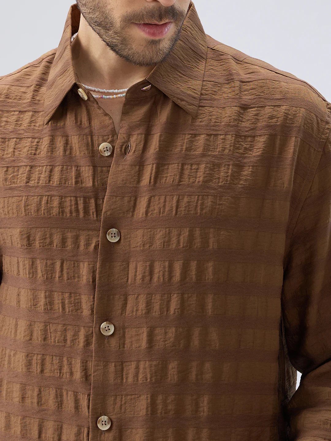 Brown Tonal Textured Side Slit Button Boxy Fit Crop Shirt - Image 3